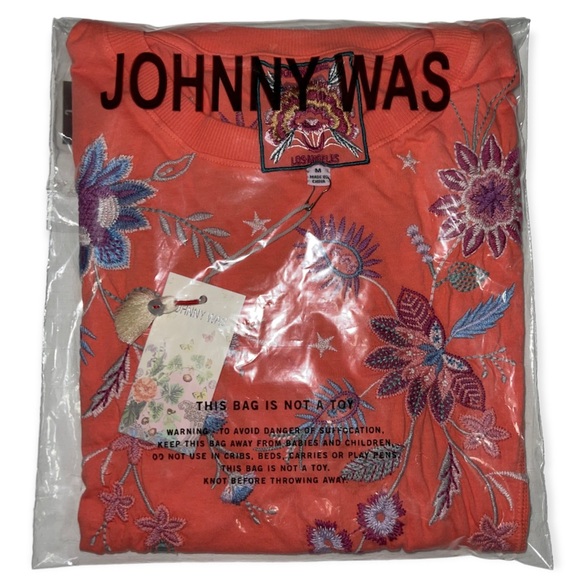 JOHNNY WAS Phoebe Short Sleeve Relaxed Tee Living Coral Embroidered TShirt - Picture 7 of 9